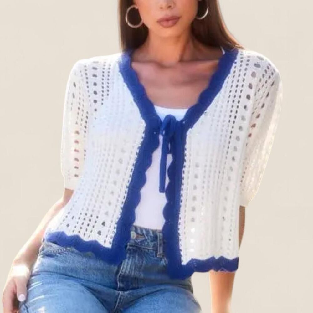 Fifteen Twenty Open Stitch Bow Cotton Cardigan crotchet top | size small cottage - Picture 1 of 6